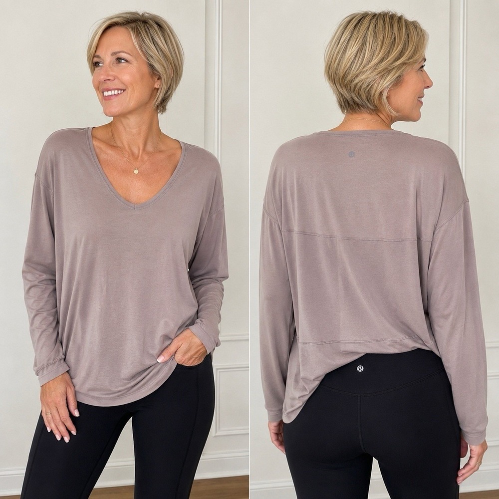Lululemon Women's Relaxed Fit Long Sleeve Scoop Neck Top Taupe Large/XL